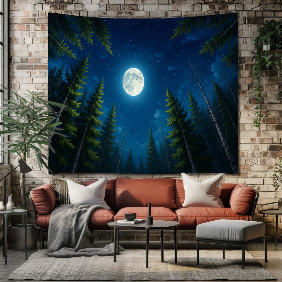 Moon Forest Tapestry Night Sky Pine Trees Wall Art - Etsy