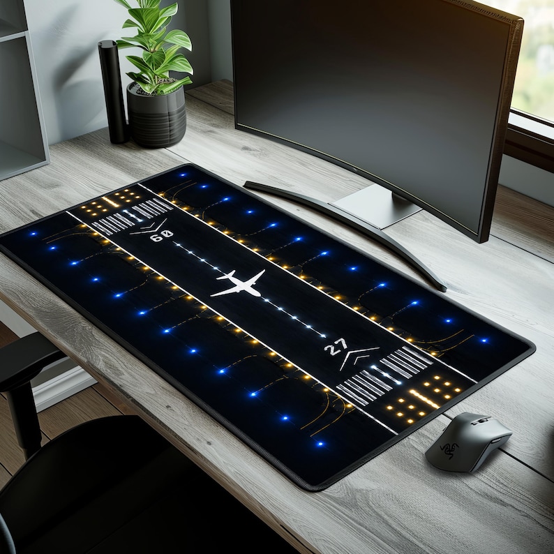 Airport Runway Desk Mat, Airplane Mouse Pad, Aviation Gaming Desk Pad, Pilot Office Decor, Night Flight XXL Desk Mat, Travel Lover Gift image 3