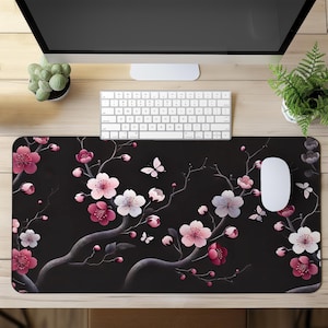 Elegant Cherry Blossom Desk Mat, Black Large Mouse Pad with Floral Design, Non-Slip Office Desk Pad, Perfect for Gaming and Work
