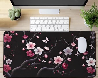 エレガントな桜のデスクマット、花柄の黒い大型マウスパッド、滑り止めオフィスデスクパッド、ゲームや仕事に最適
