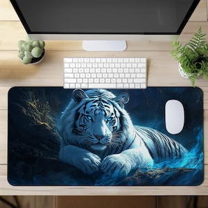 White Tiger Gaming Mouse Pad, XL Desk Mat With Mystic Blue Eyes, Aesthetic Large Mousepad, Extended Mouse Mat, Fantasy Animal Desk Decor