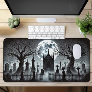 Haunted Graveyard Gaming Mouse Pad XXL - Gothic Large Desk Mat with Spooky Night Design - Big Gaming Mousepad for Gamers & Home Decor