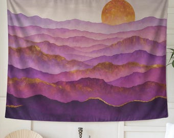 Purple Sunset Mountain Tapestry | Gold Foil Inspired Landscape Wall Art, Mystical Gradient Peaks For Boho Bedroom, Dorm, or Meditation Space