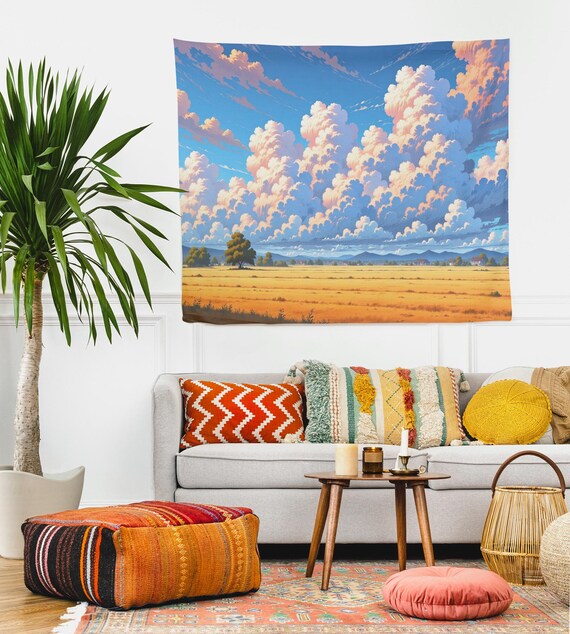 Yieldeer Wolken-Tapisserie Wandbehang – Lila Himmel Mit Weißen Wolken, Bis 228,6x177,8 Cm