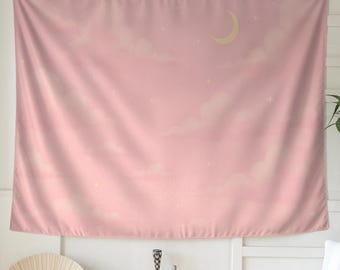 Kawaii Tapestry, Pink Wall Decor, Soft Girl Room, Moon and Stars, Pastel Dorm Decor, Celestial