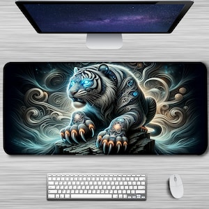 XXL Mouse Pad | White Tiger Desk Mat | Neon Glow Design | Extended Gaming Mousepad | Large Desk Pad