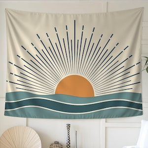 Zontapijt, oceaanmuurkunst, minimalistisch decor, kusttapijt, moderne muurkunst, retro zonsondergang, beachy kamerdecor, aardetinten kunst