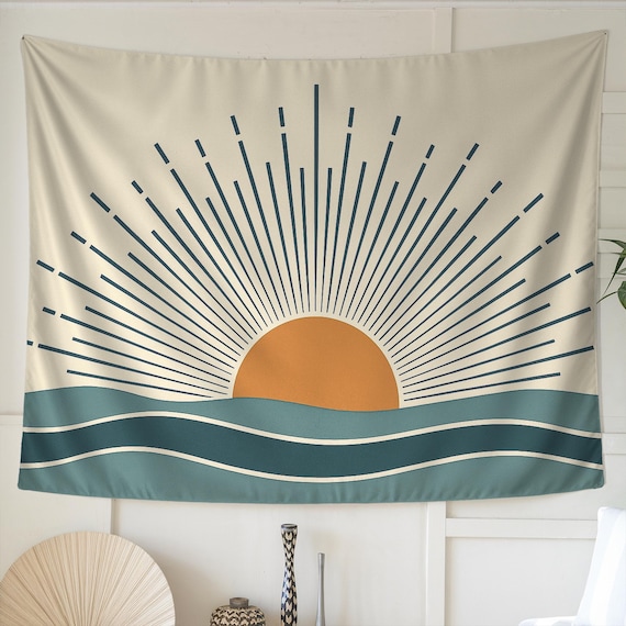 Sun Tapestry, Ocean Wall Art, Minimalist Decor, Coastal Tapestry, Modern Wall Art, Retro Sunset, Beachy Room Decor, Earth Tone Art