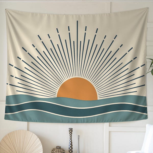 Tapeçaria de Sol, Arte de Parede com Tema Oceano, Decoração Minimalista, Tapeçaria Costeira, Arte de Parede Moderna, Pôr do Sol Retrô, Decoração de Quarto Praiano, Arte em Tons Terrosos