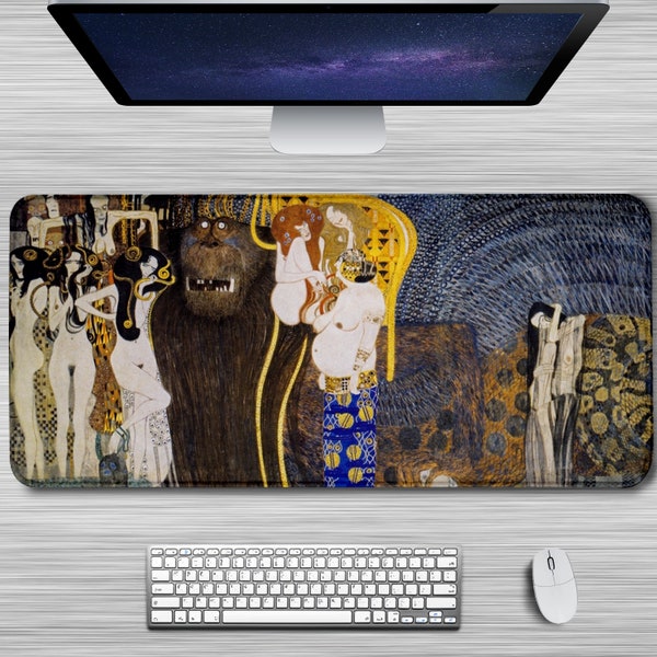 Gustav Klimt Desk Mat Large, Extended XL Mousepad, Non-Slip Rubber Base Keyboard Mouse Mat Desk Pad, The Hostile Powers Art Print Painting