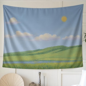 Countryside Landscape Tapestry – Serene Blue Sky Wall Art with Hills, Clouds, and Sun for Rustic Home, Relaxing Bedroom, or Nature Decor