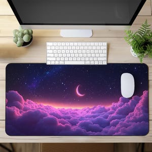Galaxy Night Sky Gaming Mouse Pad XL, Aesthetic Cloud Desk Mat, Crescent Moon Extended Mousepad, Cosmic Desk Setup Gift