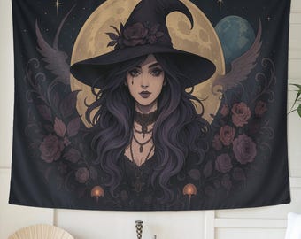 Gothic Witch Wall Tapestry with Moon and Roses | Dark Boho Witchcore Decor for Bedroom or Altar | Celestial Sorceress Art Gift