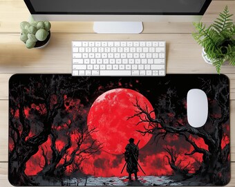 Samurai Gaming Mouse Pad, XXL Desk Mat With Blood Red Moon, Dark