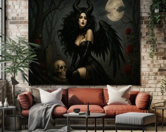 Tapisserie gothique sombre pour filles ailées - Art mural tête de mort, pleine lune et roses rouges pour une décoration esthétique occulte
