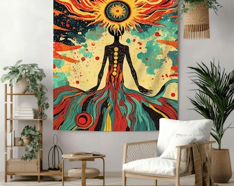 サイケデリック瞑想タペストリー壁掛け - 鮮やかなチャクラアート - 寝室、リビングルーム、ヨガスペースの装飾用の大きなトリッピータペストリー