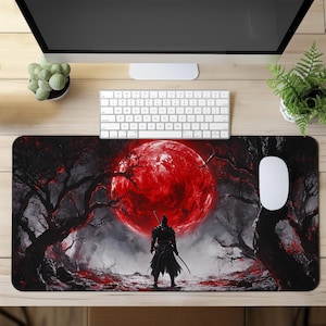 Samurai Gaming Mouse Pad, XL Desk Mat With Red Moon Warrior, Dark Aesthetic Mousepad, Large Extended Mouse Mat, Gift For Gamers