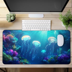 Jellyfish Ocean Schreibtischmatte XXL Gaming Mauspad, große Schreibtischmatte mit lebhaftem Korallenriff Design, großes Schreibtisch Mousepad für Büro oder Gaming