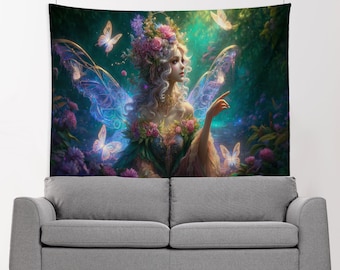Fairy Wall Hanging Tapestry, Enchanted Forest Fairy Tapestries, Mystical Butterfly Large Tapestry for Bohemian Bedroom Decor