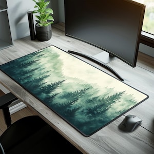 Könnte beinhalten: Eine große rechteckige Mausmatte mit einer Waldszene. Die Szene zeigt einen nebelverhangenen Wald mit hohen Bäumen und einem hellbeigen Hintergrund. Die Mausmatte liegt auf einem Holztisch mit einem Computermonitor und einer Topfpflanze.