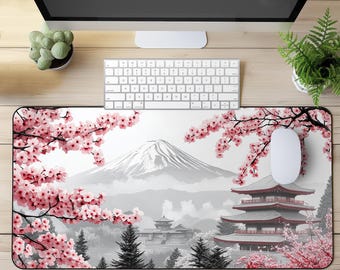 Cherry Blossom gaming-muismat XXL - bureaumat met houder Fuji-ontwerp - grote Japanse muismat voor gamers, kantoor, interieur