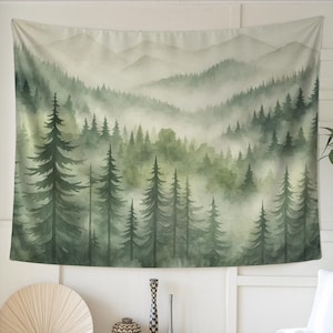 Misty Evergreen Forest Tapestry – Serene Green Landscape Wall Art with Pines and Mountains, Nature-Inspired Decor for Cabin, Yoga, or Gift