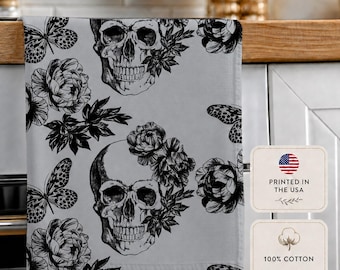 Toile Skull Tea Towel, Gothic Floral Pattern Kitchen Decor, Halloween Housewarming Hostess Gifts