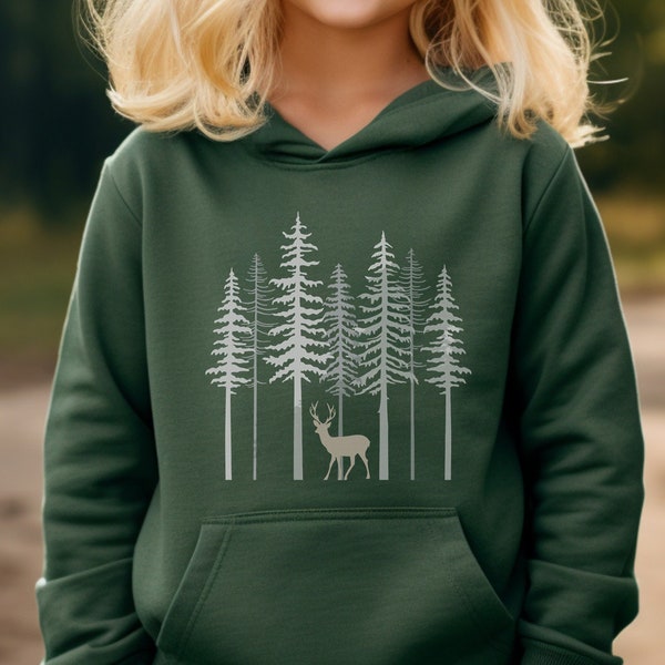 Youth Winter Nature Deer Pine Tree Hoodie, Holiday Buck in Woods Sweatshirt, Adventure Nature Lover Gift for Kids