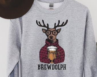 Funny Christmas Sweatshirt, Beer Lover Christmas Hoodie, Reindeer Christmas Holiday Party Crewneck Sweater, Christmas Drinking Shirt for Men
