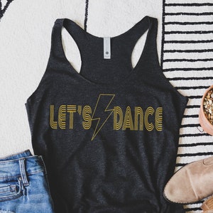 Women&#39;s Let&#39;s Dance Bolt Graphic Racerback Tank, Bowie Inspired Unisex Graphic Tank, 80s Rock Band Tank for women