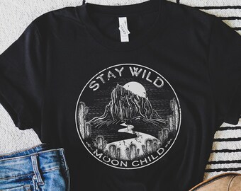 Stay Wild Moon Child, T-shirt graphique bohème vintage pour femmes, chemise hippie, chemise Stay Wild, vêtements hippies, t-shirt graphique surdimensionné effet vieilli