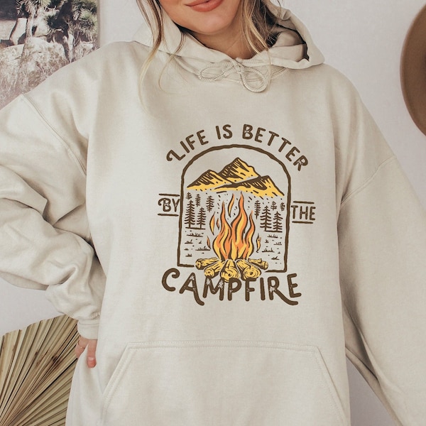 Vintage Camping Hooded Sweatshirt, Women's Graphic Campfire Hoodie. Camper Hoodies for Women, Explore Nature Hoodie, Vintage Style Hoodie