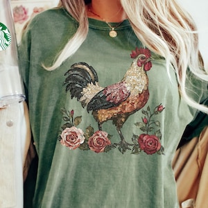 Boho Chicken Flower Shirt, Comfort Colors®,  Retro Farmhouse Floral Chicken Shirt, Cottagecore Aesthetic Clothing, Chicken Gifts for Her