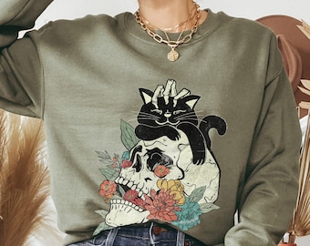 Black Cat Flower Skull Sweatshirt, Halloween Hoodie, Floral Skull Boho Crewneck, Skeleton Cat Hoodie, Fall Sweatshirt, Cat Lover Gift
