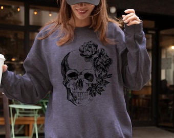 Sudadera o sudadera con capucha de esqueleto floral, jersey de calavera de Halloween, sudaderas góticas de otoño para mujer, regalo para ella
