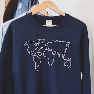 Sweat de voyage, sweat avion, sweat carte du monde, cadeau de voyage, pull de voyage, col rond unisexe, t-shirt Adventure Explore Wanderlust