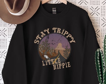 Sudadera con capucha y diseño de hippies pequeños y desgastados Stay Trippy, ropa hippie, ropa hippie, sudadera unisex con cuello redondo