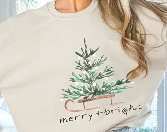 Christmas Sweatshirt for Women, Merry and Bright Hooded Sweatshirt, Christmas Tree Crewneck Sweater, Matching Family Group Holiday Shirts