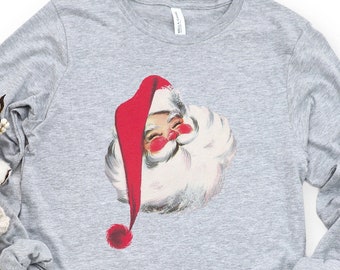 Santa Tee Shirt, Retro Santa Claus, Vintage Santa Long Sleeve Tee, Merry Christmas Shirt, Classic Christmas Tee
