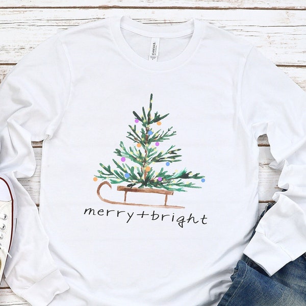 Christmas Shirts for Women, Merry and Bright Shirt, Christmas Long Sleeve Shirt, Christmas Tree Shirt, Holiday Shirts, Winter Shirt
