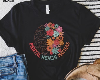 Shirt geestelijke gezondheid is belangrijk, retro bloemen hersenen, T-shirt geestelijke gezondheid, motiverend T-shirt, psycholoog therapeut cadeau