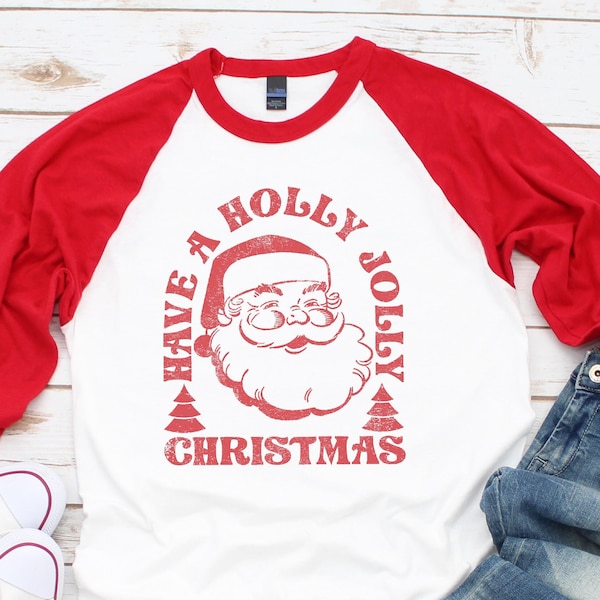 Retro Santa Raglan Tee, Santa Tee, Vintage Graphic Tee, Merry Christmas Shirt, Vintage Santa Graphic Tee, Classic Christmas Raglan Shirt