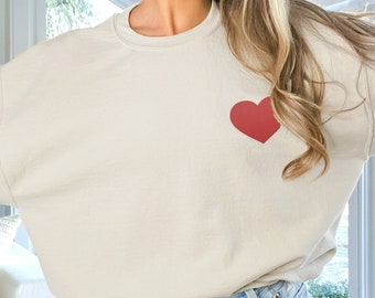 Heart Sweatshirt, Embroidered Red Pocket Heart Hoodie, Cute Cozy Hoodie, Simple Heart Sweatshirts