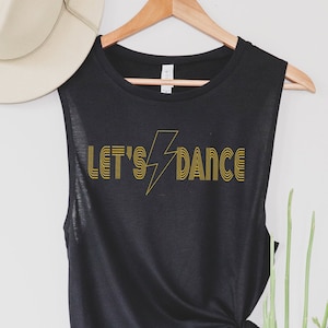 Women&#39;s Let&#39;s Dance Bolt Graphic Muscle Tank, Bowie Inspired Unisex Graphic Muscle Tank, 80s Rock Band Tank for women