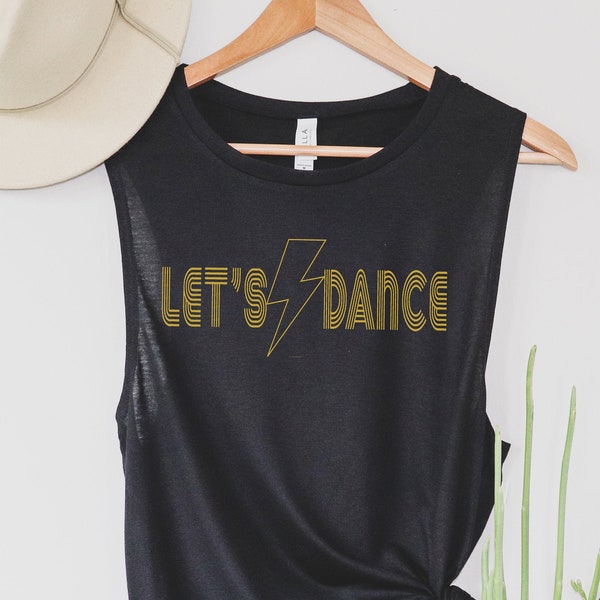 Women's Let's Dance Bolt Graphic Muscle Tank, Bowie Inspired Unisex Graphic Muscle Tank, 80s Rock Band Tank for women