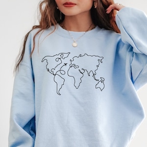 Sweat de voyage, sweat avion, sweat carte du monde, cadeau de voyage, pull de voyage, col rond unisexe, t-shirt Adventure Explore Wanderlust