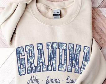 Custom Blue Toile Grandma Sweatshirt or Hoodie, Personalized Grandma Sweater, Pregnancy Announcement, New Grandma to Be Gifts
