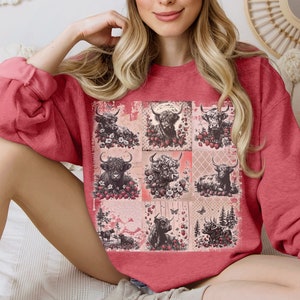 Boho Highland Cow Sweatshirt, Retro Highland Cows Hoodie, Floral Strawberry Farmhouse Cottagecore Farm Life Sweater, Highland Cow Gifts