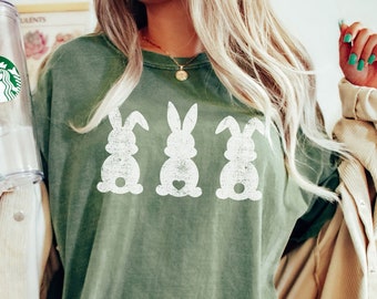 Camiseta de coelho, Comfort Colors®, camiseta fofa de coelho da Páscoa para mulheres, presente de camiseta para amantes de coelhos, camiseta de Páscoa para meninas, camiseta com silhueta de coelho