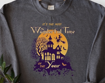 Sweat-shirt d'Halloween, période la plus merveilleuse de l'année, maison hantée, sorcière, chat noir, pull à col rond d'Halloween de style vintage